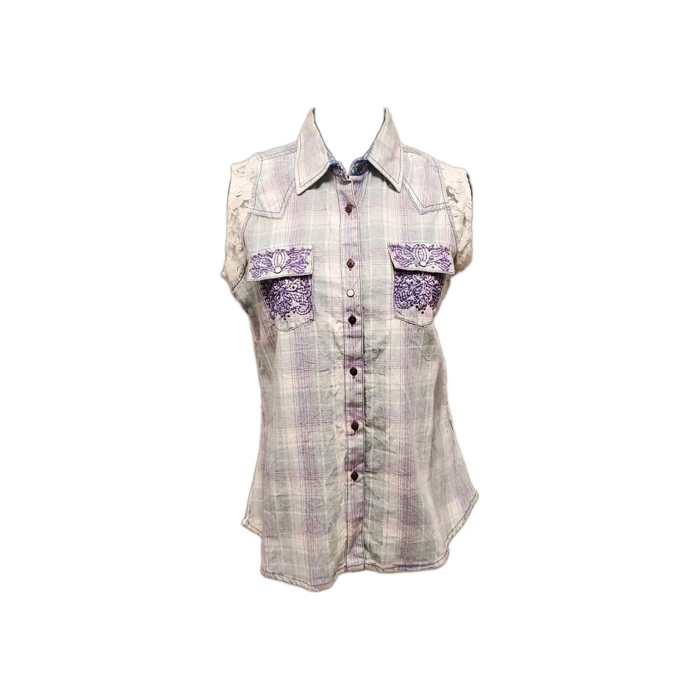 Shyanne Lace Embroidery & Plaid Western Cowgirl Pocket Shirt Women's Small NWOT
